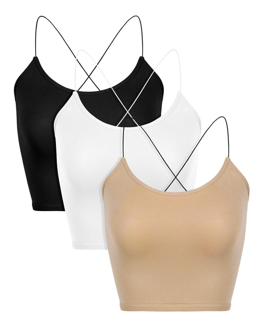 ODODOS 3-Pack Cross Back Camisole Tops-Beige+White+Black